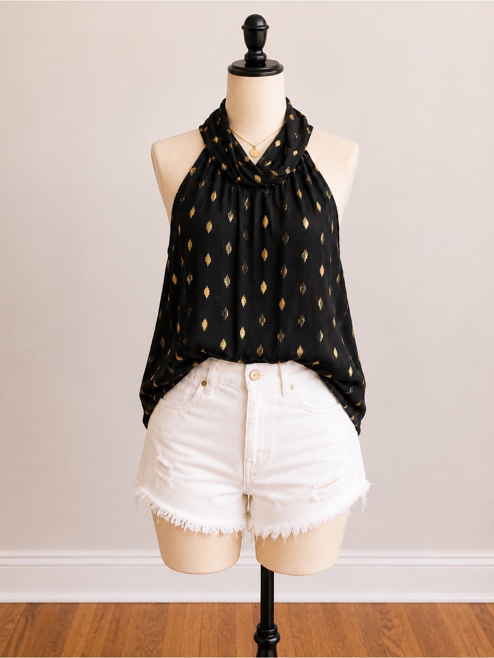 Olivia Rae Black Halter Top with Gold Diamond Print